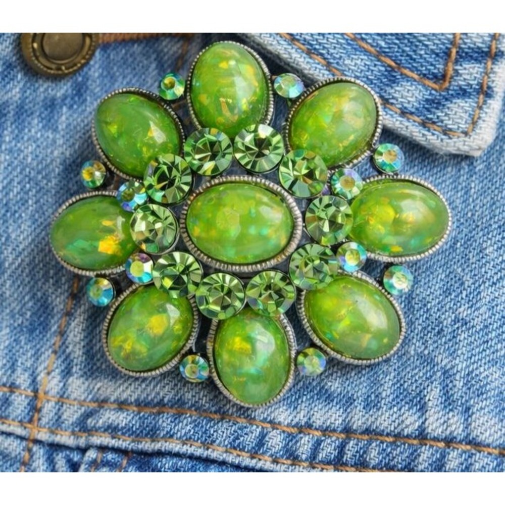 Vintage Green Lucite Confetti Brooch Rhinestone Statement Pin Retro 60s
